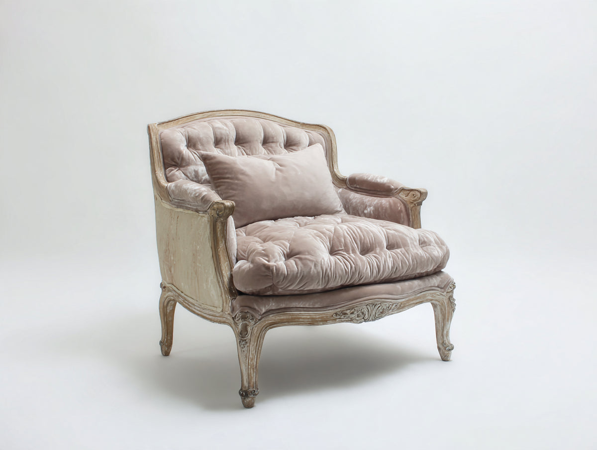 Sillón tapizado de terciopelo 88x82x86 cm - Beige rosado y madera envejecida - Diseño clásico con capitoné