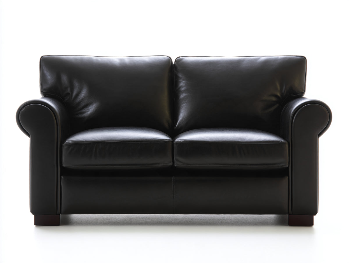 Sofá de 2 plazas 165 x 90 x 88 cm - tapizado negro y patas de madera oscura - diseño clásico con reposabrazos redondeados