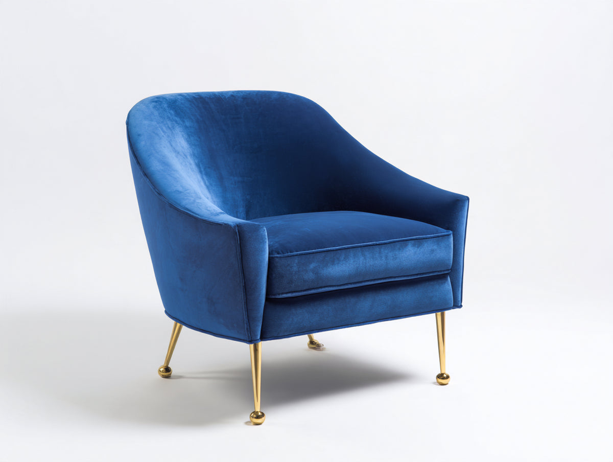 Sillón tapizado 86x82x84 cm - azul y dorado - respaldo curvo envolvente y asiento acolchado para salón
