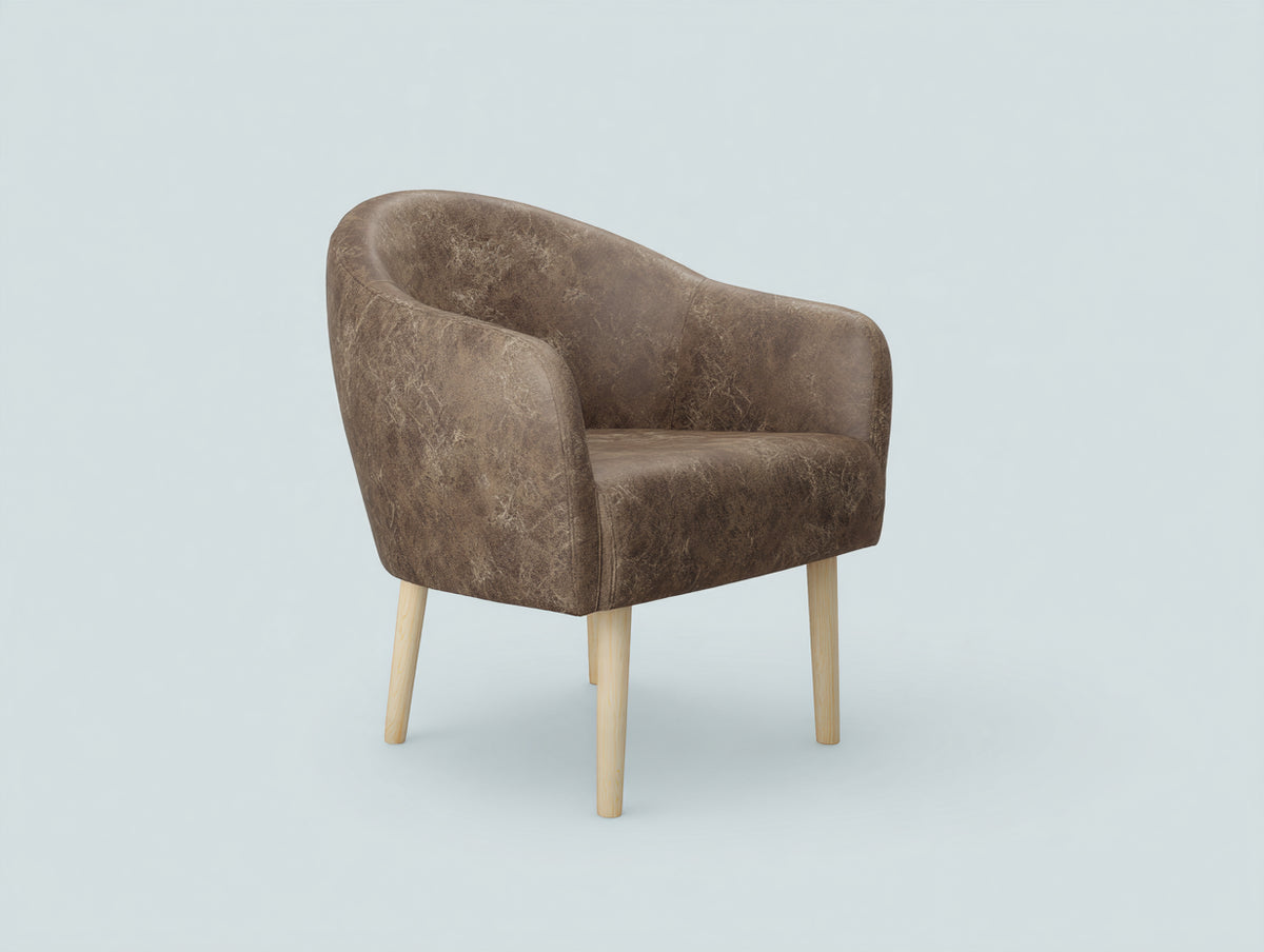 Silla de comedor tapizada 62x60x79 cm - Marrón envejecido y madera natural - Respaldo envolvente con reposabrazos