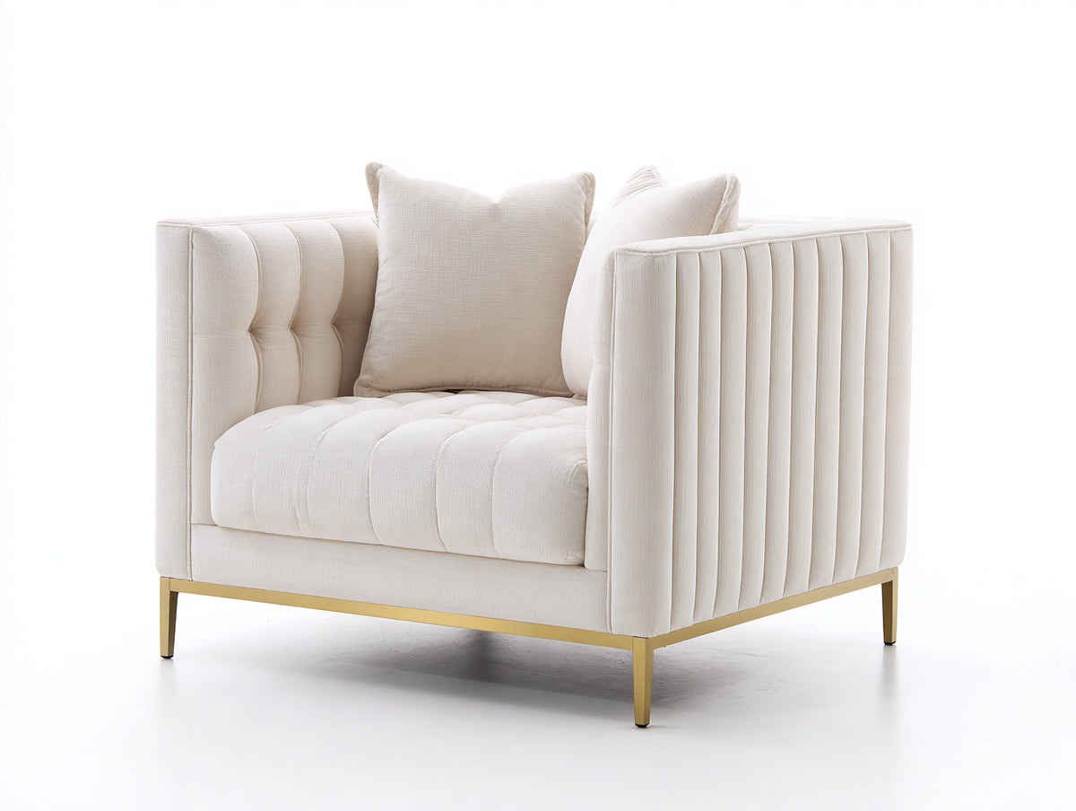 Sillón 95 x 88 x 82 cm - tapizado beige y estructura dorada - diseño moderno acolchado con detalles acanalados