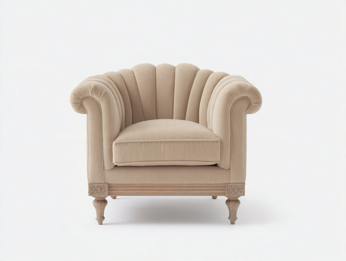 Sillón tapizado 94x86x88 cm - Beige-Marrón claro - Respaldo acanalado y diseño clásico