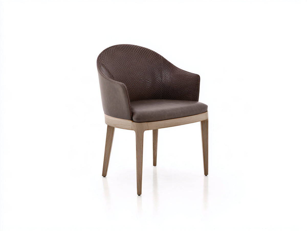 Silla de comedor 58 x 60 x 82 cm - tapizado marrón oscuro y patas de madera natural - diseño envolvente con reposabrazos